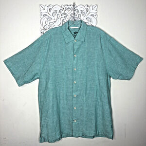 TOMMY BAHAMA Relax Men's L Camp SHIRT Button-up 100% Linen Sea-glass GREEN